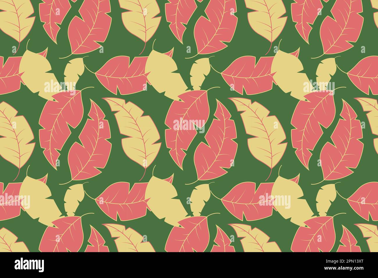 Seamless red and yellow pattern with flowers on green background. Hand drawn vector illustration. Simple colored autumnal doodles for fashion design and fabric background. Russian style. Stock Vector