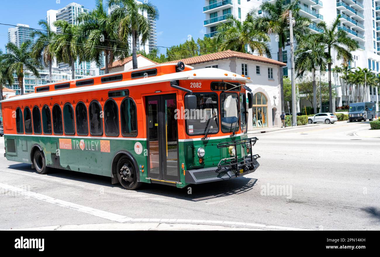 Miami Beach, Florida USA April 15, 2021 miami trylley bus public