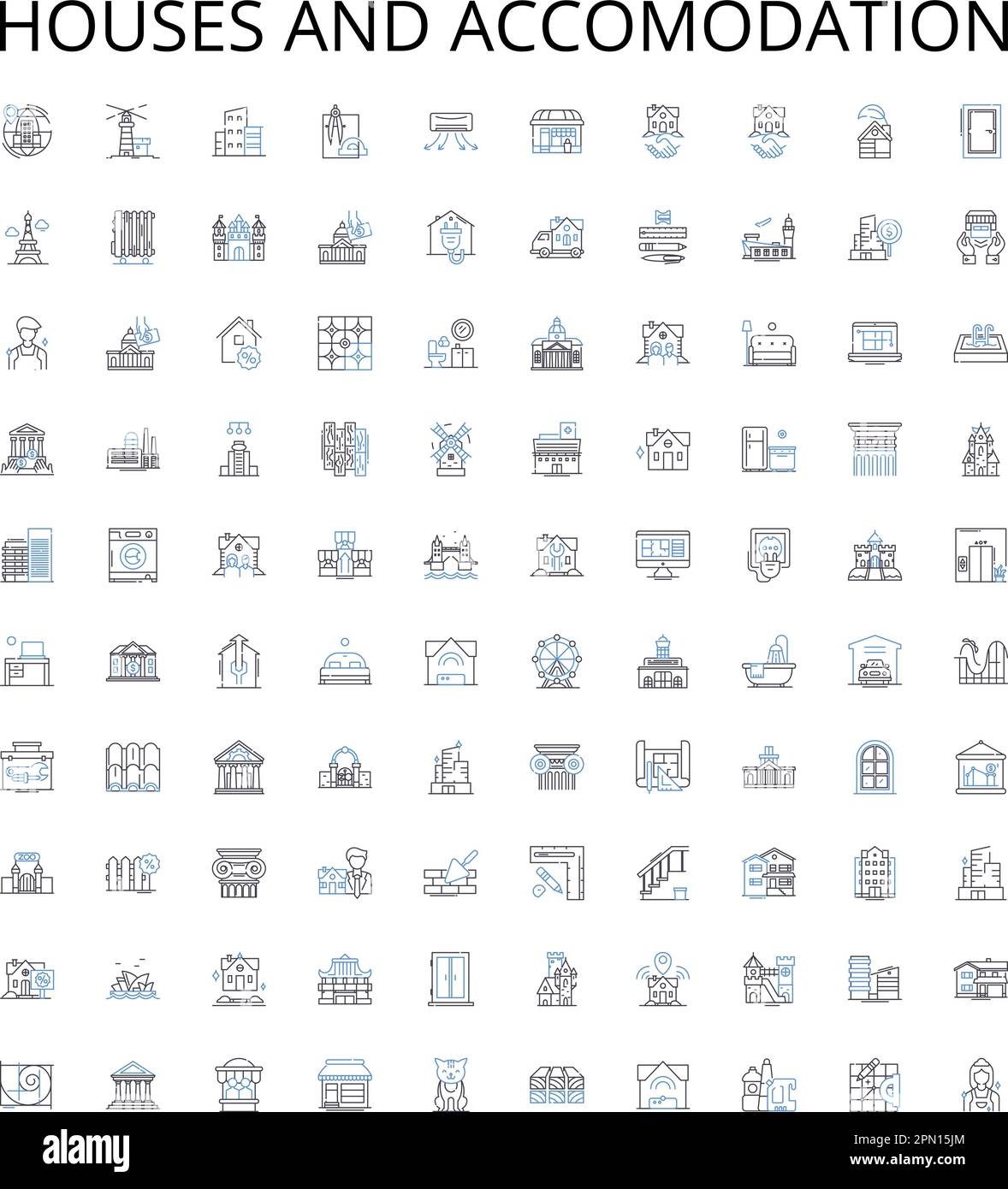 Houses and accomodation outline icons collection. Home, Accommodation, Residence, Abode, Lodging, Domicile, Dwelling vector illustration set. Villa Stock Vector