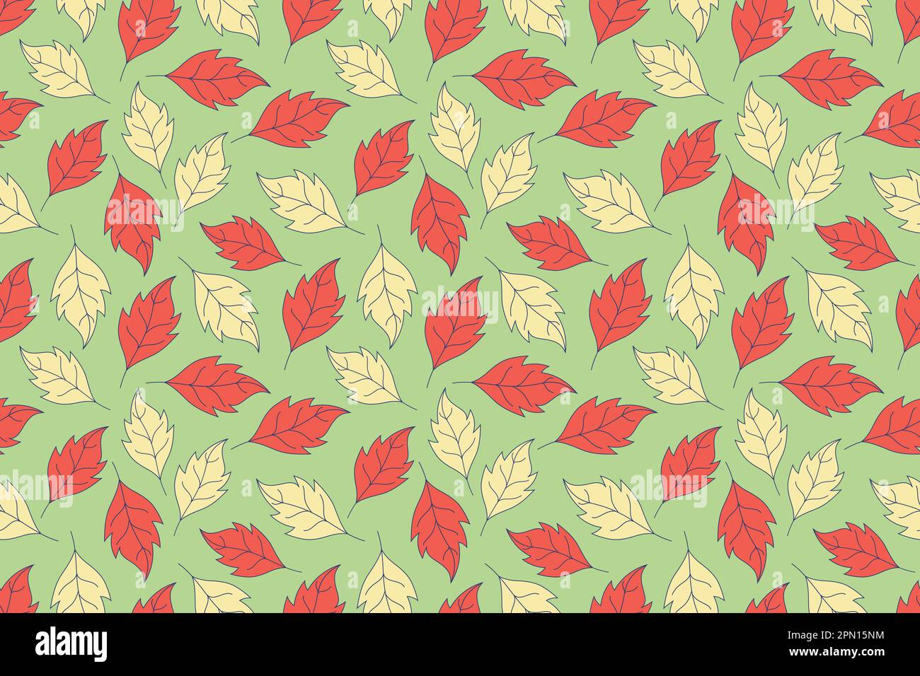 Seamless red and yellow pattern with flowers on green background. Hand drawn vector illustration. Simple colored autumnal doodles for fashion design and fabric background. Stock Vector