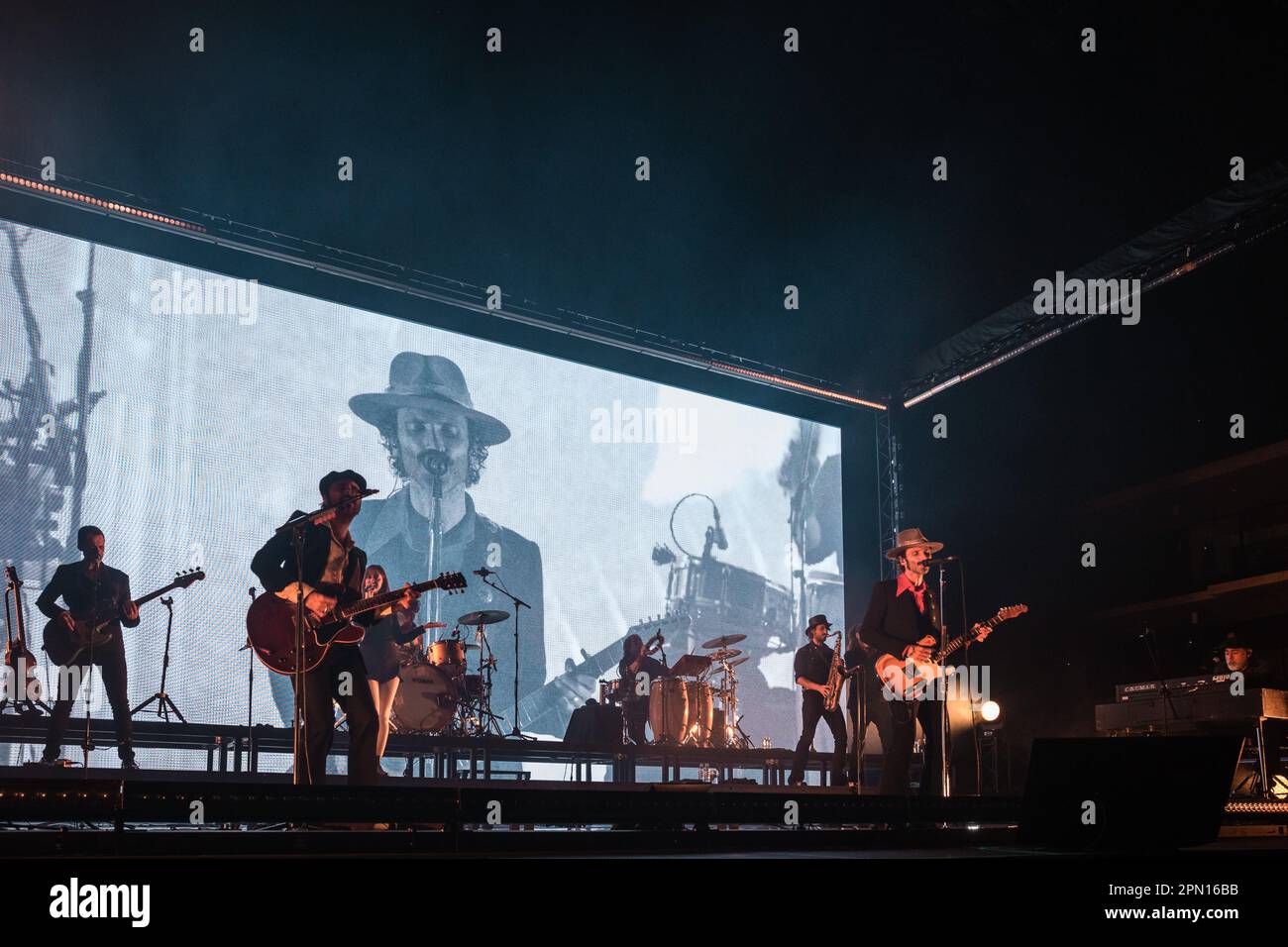 Pamplona, Spain. 15th Apr, 2023. Leiva performs live while his image