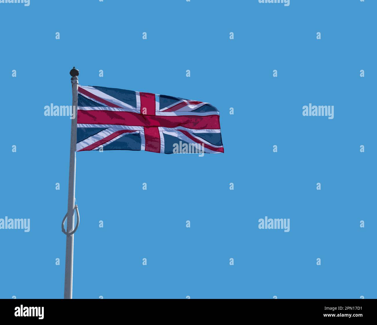 Closeup illustration of a Union Jack flag seen in strong winds at the