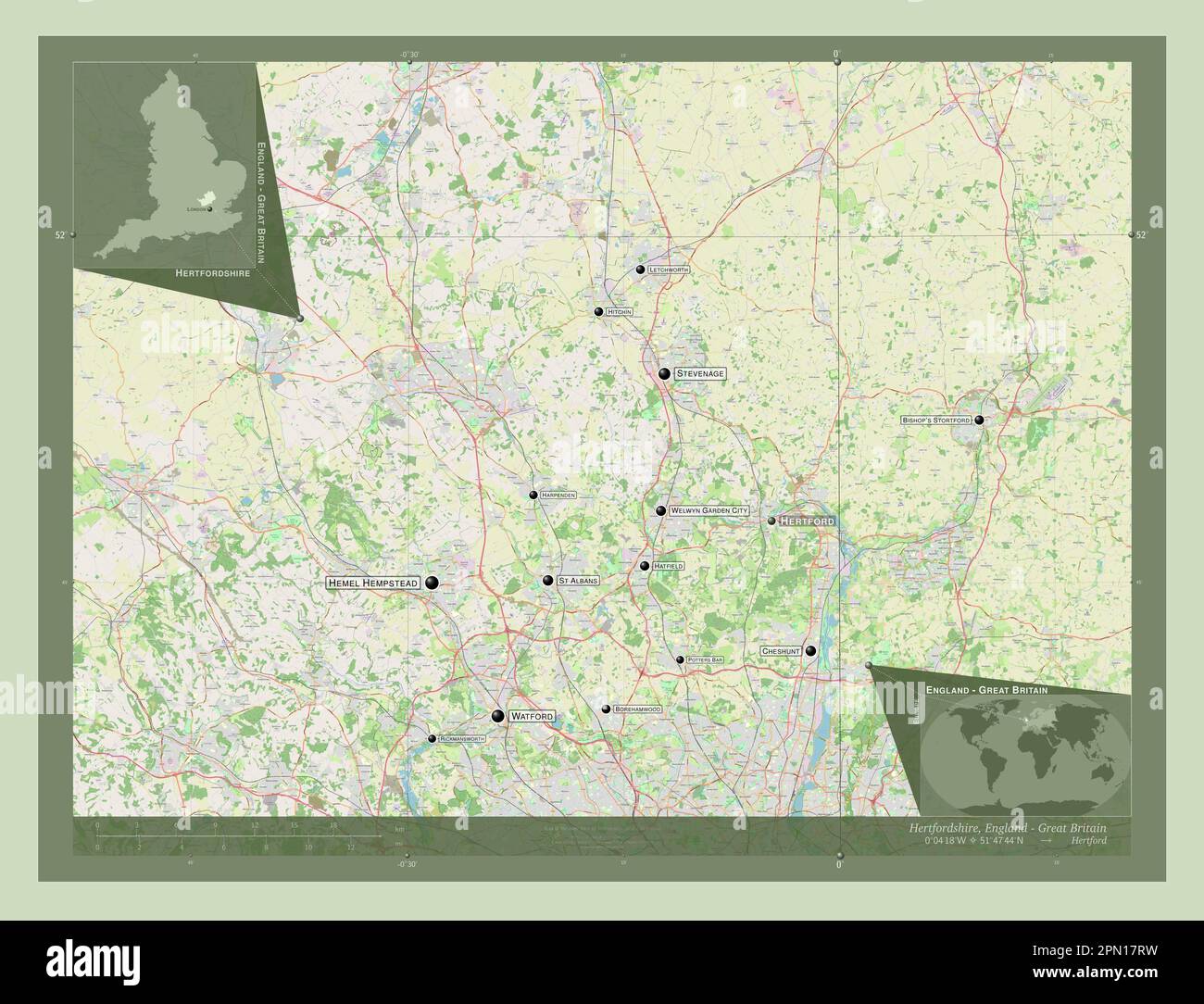 Hertfordshire, administrative county of England - Great Britain. Open Street Map. Locations and names of major cities of the region. Corner auxiliary Stock Photo