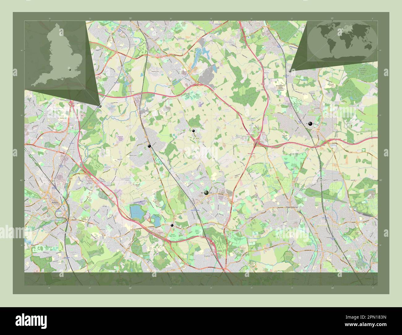 Hertsmere, non metropolitan district of England - Great Britain. Open Street Map. Locations of major cities of the region. Corner auxiliary location m Stock Photo