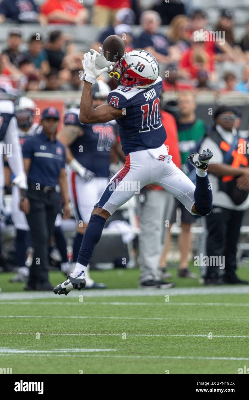 Houston Roughnecks wide receiver Justin Smith (10) leaps to make a catch against the Vegas Vipers, Saturday, April 15, 2023, in Houston, Texas.  Houst Stock Photo