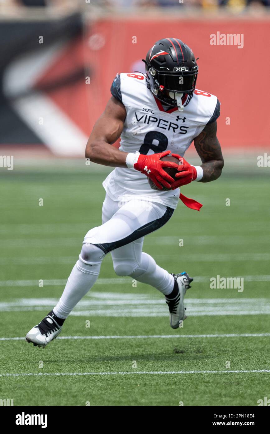 Vegas Vipers running back John Lovett (8) looks to run upfield after a reception against the Houston Roughnecks, Saturday, April 15, 2023, in Houston, Stock Photo