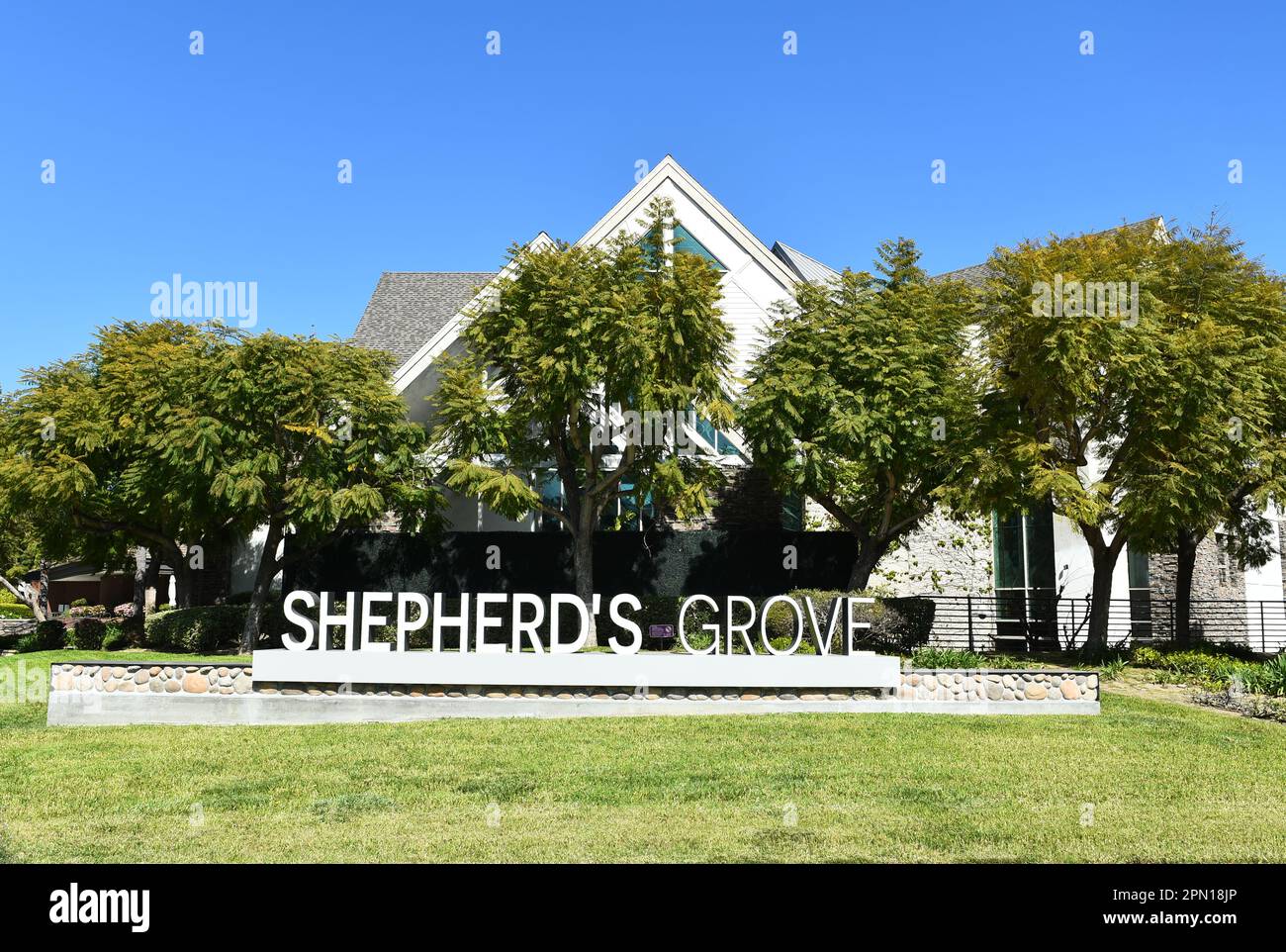 IRVINE, CALIFORNIA - 9 APR 2023: Sign at Shepherds Grove Presbyterian Church, lead by Senior Pastor Bobby Schuller. Stock Photo
