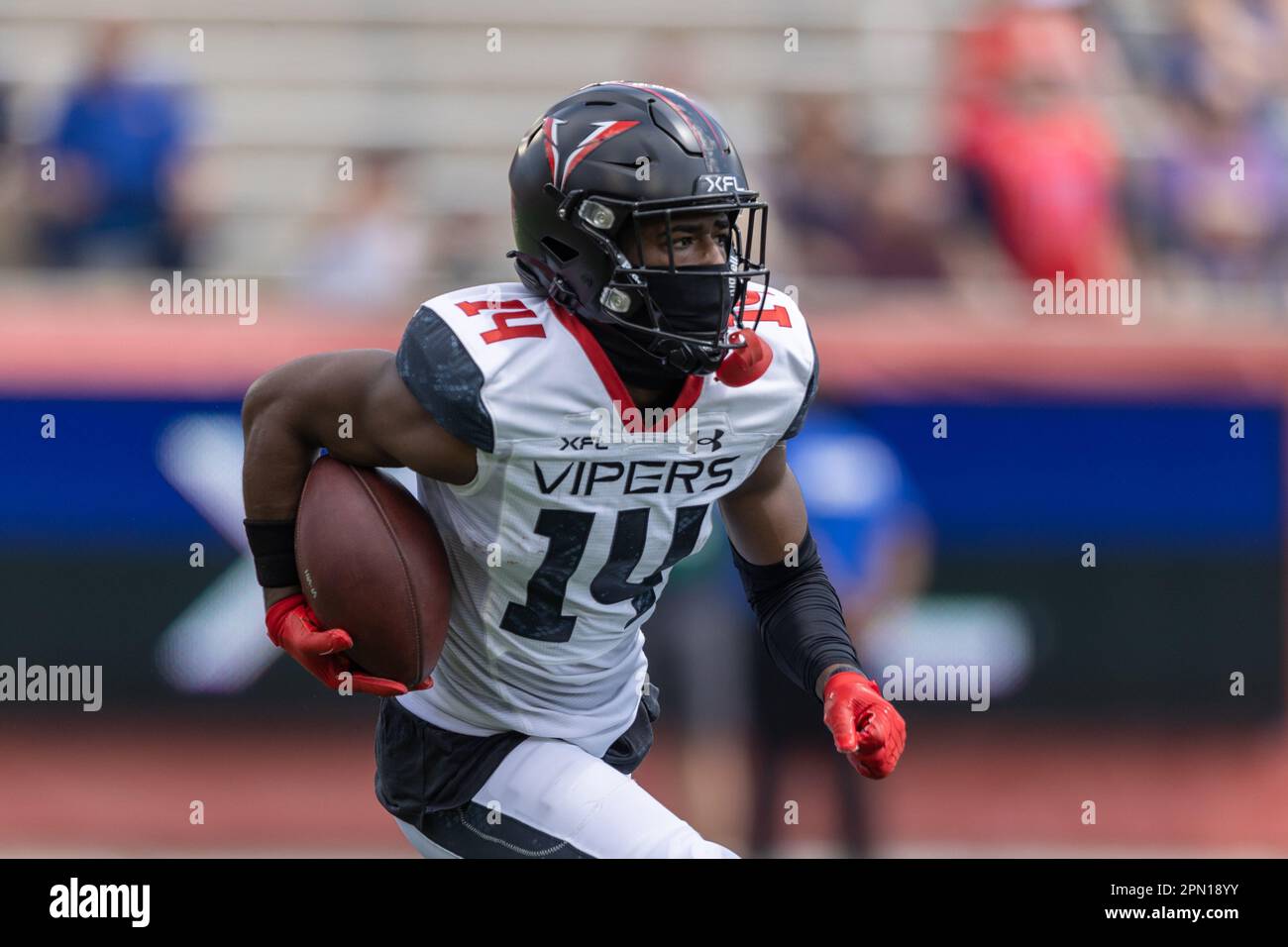 Houston, United States. 15th Apr, 2023. Houston Roughnecks quarterback  Brandon Silvers (12) has helmet turned around by the facemask by Vegas  Vipers defensive back Maurice Smith (26), Saturday, April 15, 2023, in