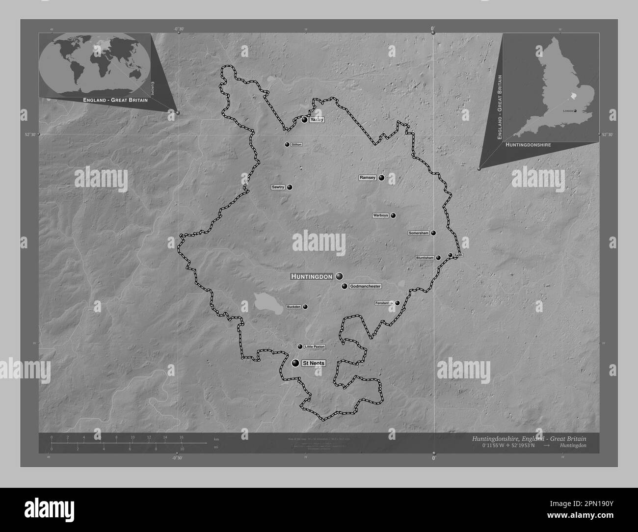 Huntingdonshire, non metropolitan district of England - Great Britain. Grayscale elevation map with lakes and rivers. Locations and names of major cit Stock Photo