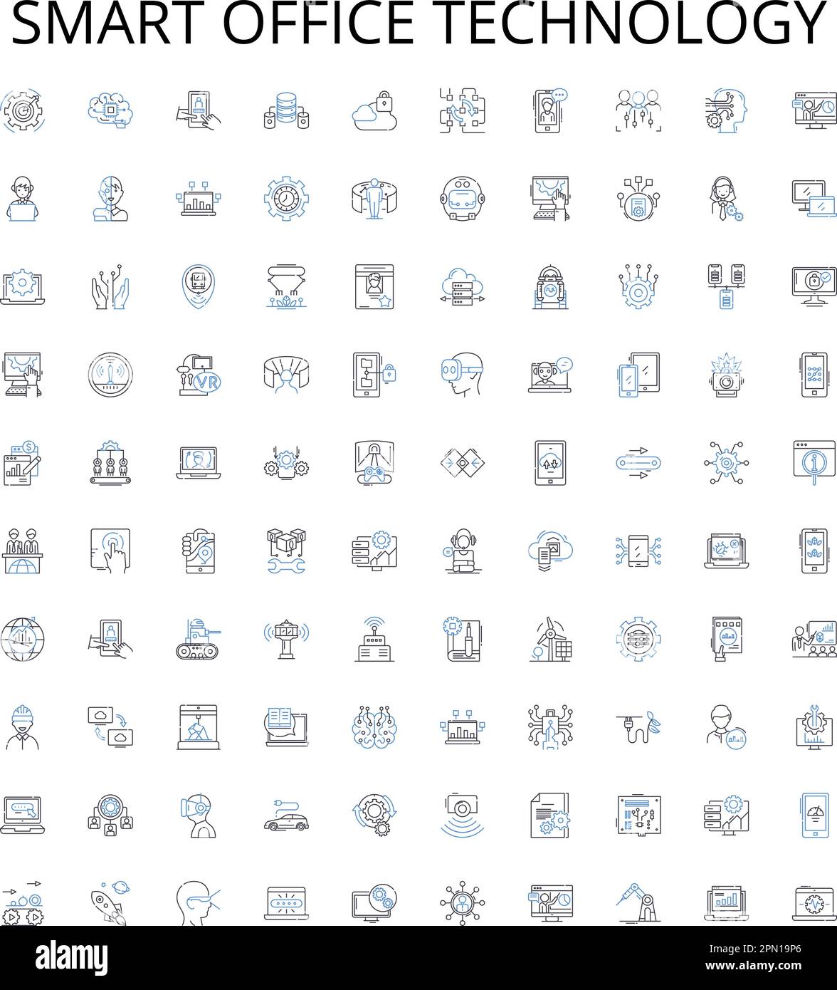 Smart office technology outline icons collection. Smart, Office, Technology, Automation, Computing, Networking, AI vector illustration set. Automated Stock Vector