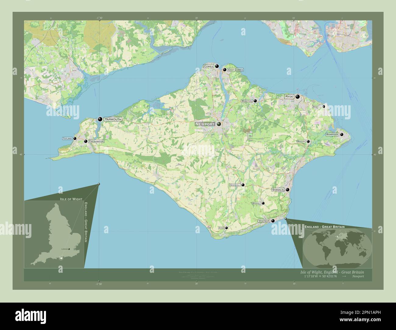 Isle of Wight, unitary authority of England - Great Britain. Open Street Map. Locations and names of major cities of the region. Corner auxiliary loca Stock Photo