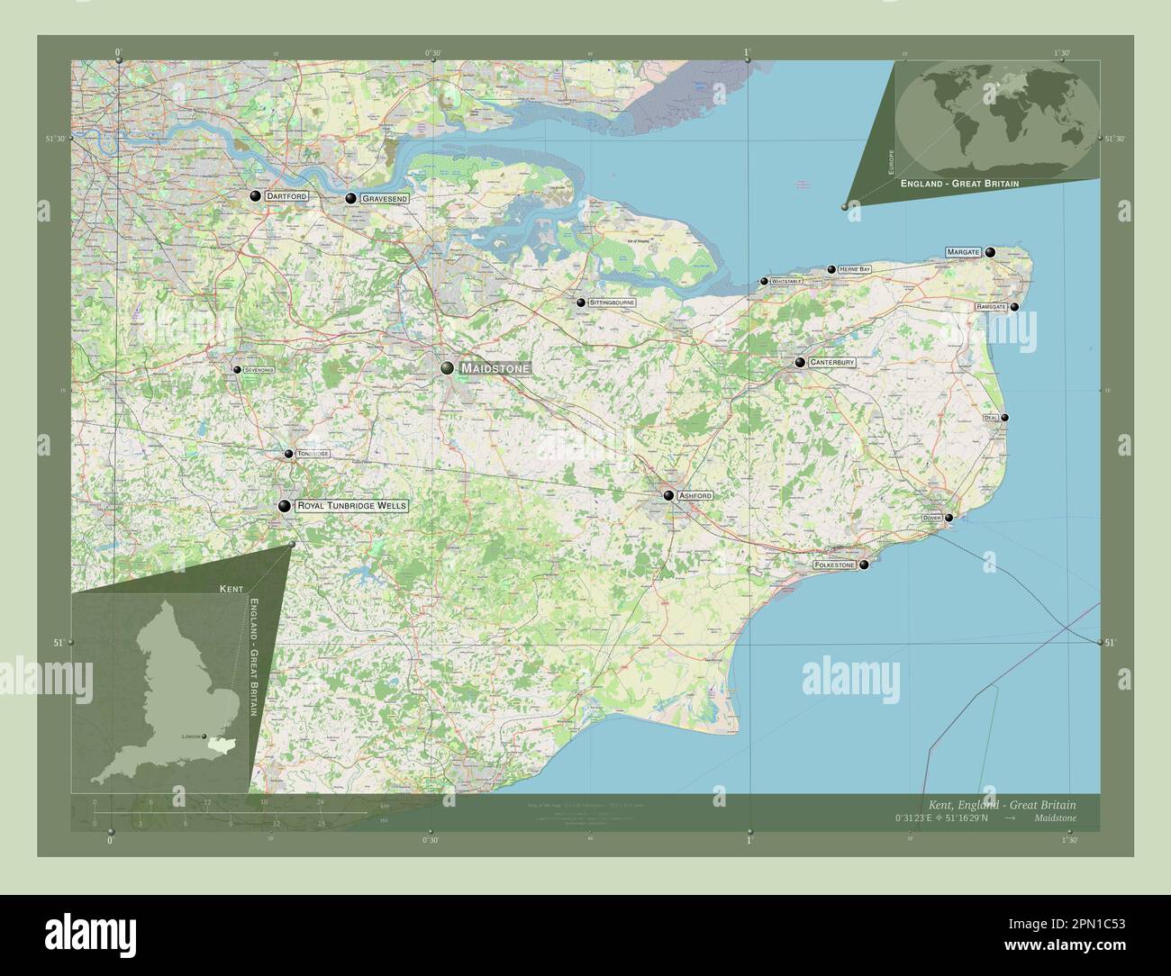 Kent, administrative county of England - Great Britain. Open Street Map ...