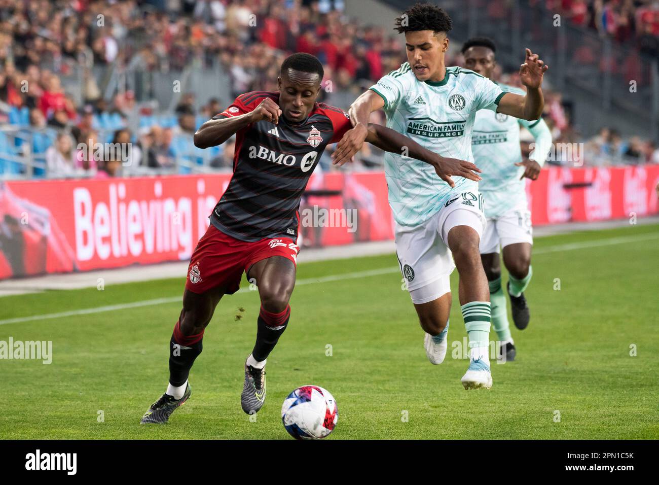 Toronto, Canada. 15th Apr, 2023. Richie Laryea #22 (L) and Caleb Wiley #26 (R) in action during the MLS game between Toronto FC and Atlanta United at BMO field. The game ended 2-2. Credit: SOPA Images Limited/Alamy Live News Stock Photo