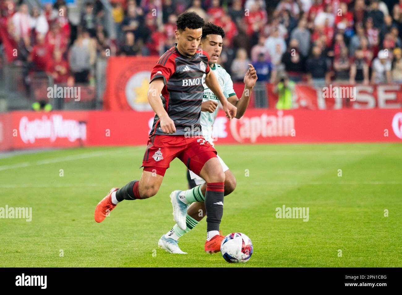Toronto, Canada. 15th Apr, 2023. Brandon Servania #23 (L) and Caleb Wiley #26 (R) in action during the MLS game between Toronto FC and Atlanta United at BMO field. The game ended 2-2. (Photo by Angel Marchini/SOPA Images/Sipa USA) Credit: Sipa USA/Alamy Live News Stock Photo