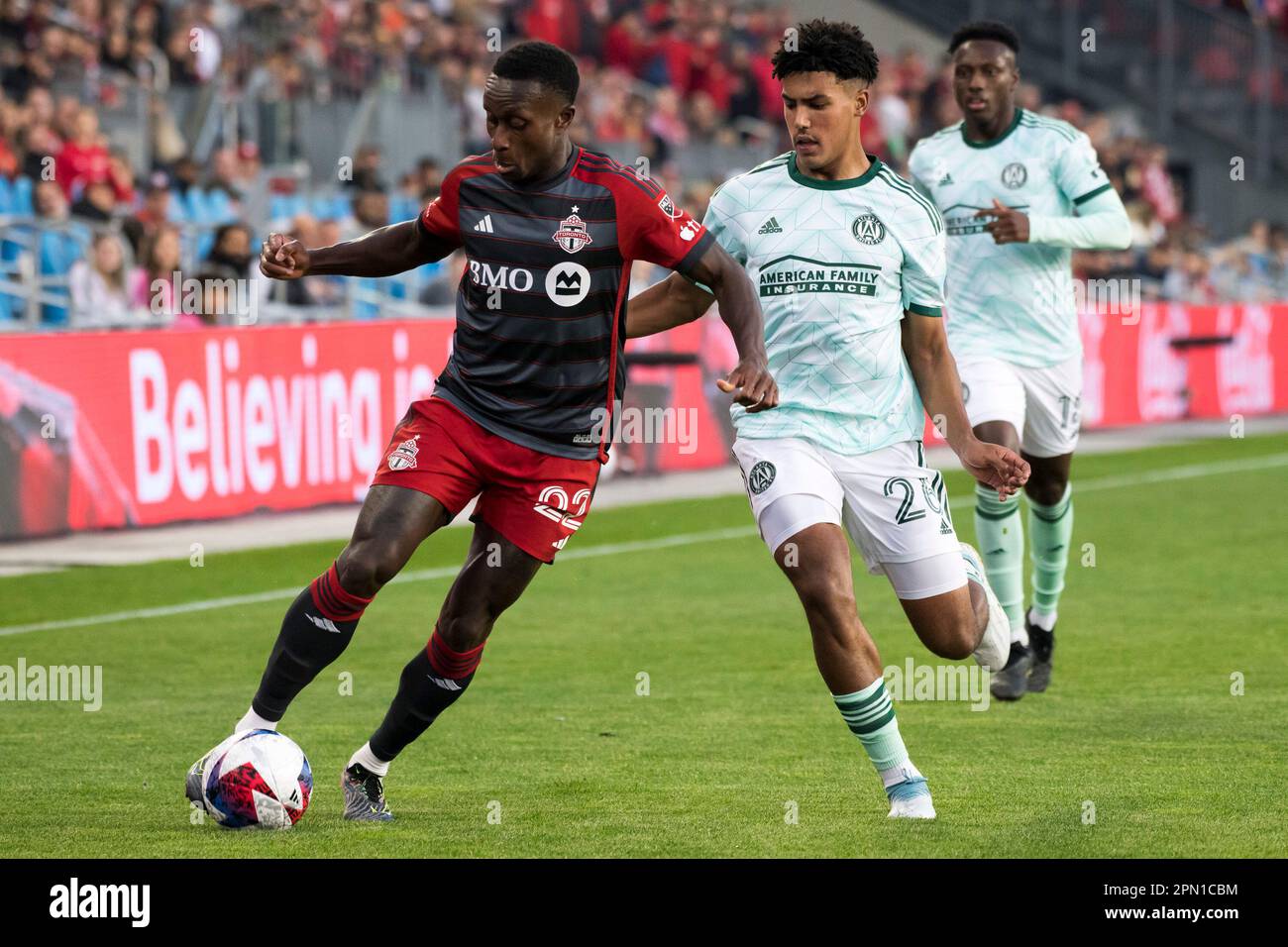 Toronto, Canada. 15th Apr, 2023. Richie Laryea #22 (L) and Caleb Wiley #26 (R) in action during the MLS game between Toronto FC and Atlanta United at BMO field. The game ended 2-2. (Photo by Angel Marchini/SOPA Images/Sipa USA) Credit: Sipa USA/Alamy Live News Stock Photo