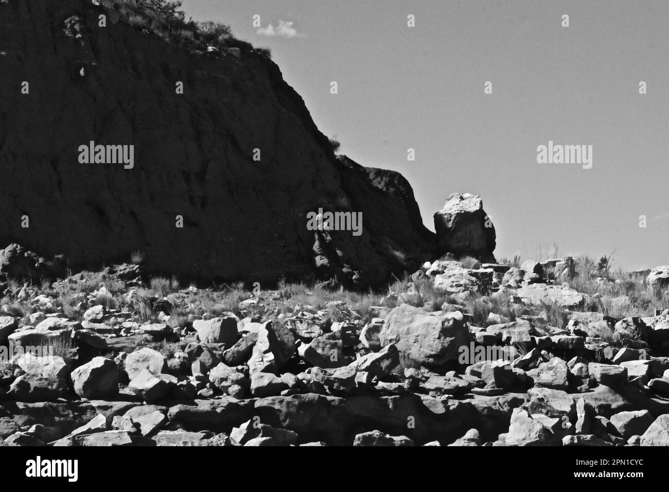 Rocky Shore and Bluffs along the Shoreline of Lake McKinsey in the Texas Panhandle near Amarillo, Summer of 2022. Stock Photo