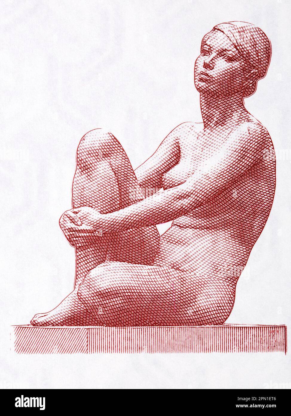 Bronze sculpture - Nu Femeni Sedent o Mari Carme from Andorran money - pessetes Stock Photo