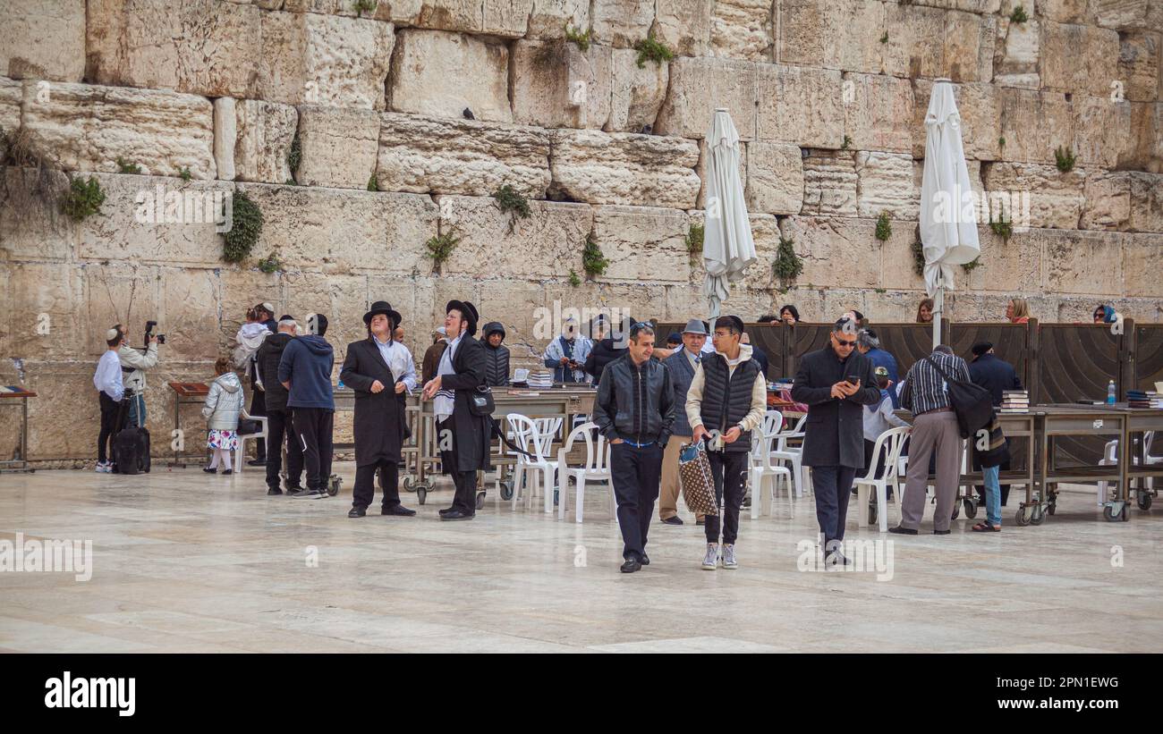 Jewish men at the Western Wall in East Jerusalem, Israel Stock Photo
