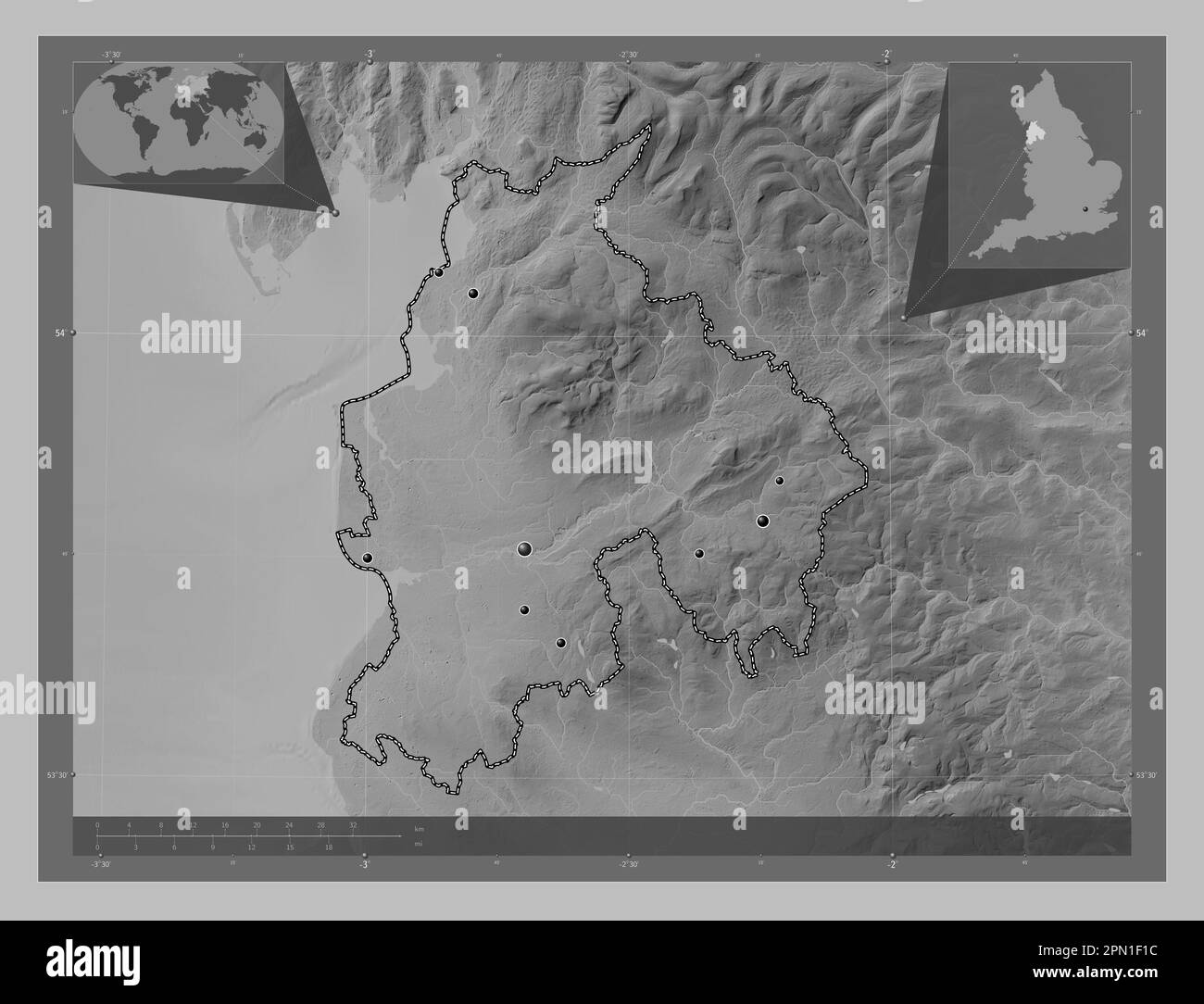 Lancashire, administrative county of England Great Britain. Grayscale
