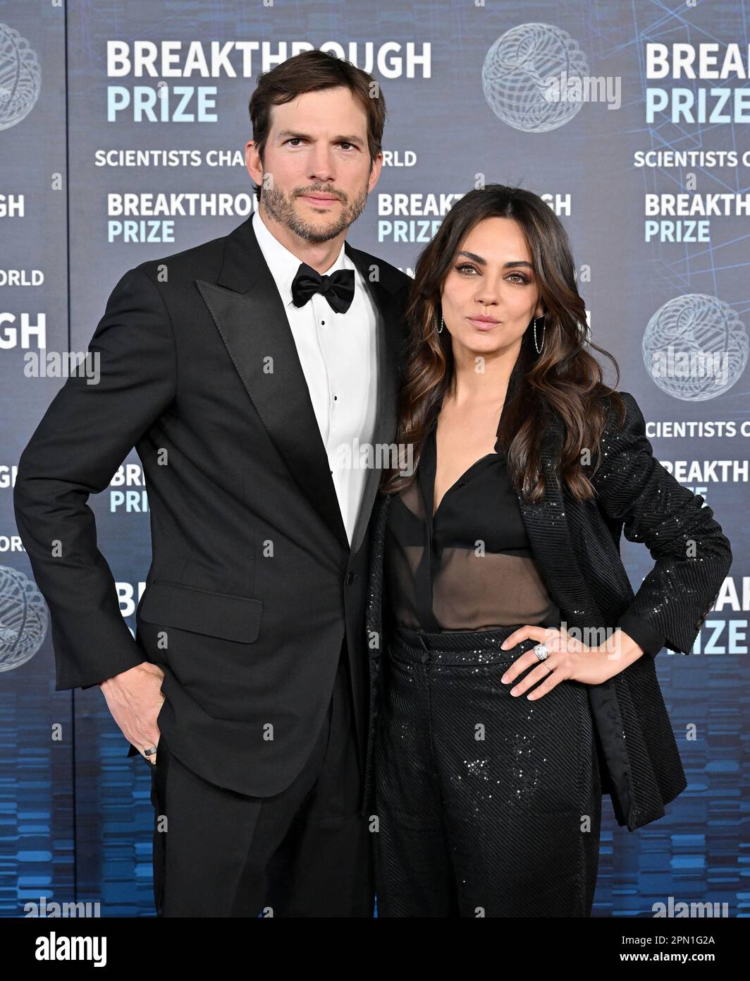 Ashton Kutcher and Mila Kunis arriving at the 9th Annual Breakthrough Prize Ceremony held at the Academy Museum of Motion Pictures on April 15, 2023 in Los Angeles, CA. © WA / AFF-USA.com Stock Photo