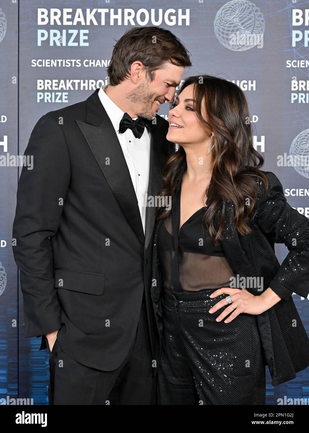 Ashton Kutcher and Mila Kunis arriving at the 9th Annual Breakthrough Prize Ceremony held at the Academy Museum of Motion Pictures on April 15, 2023 in Los Angeles, CA. © WA / AFF-USA.com Stock Photo