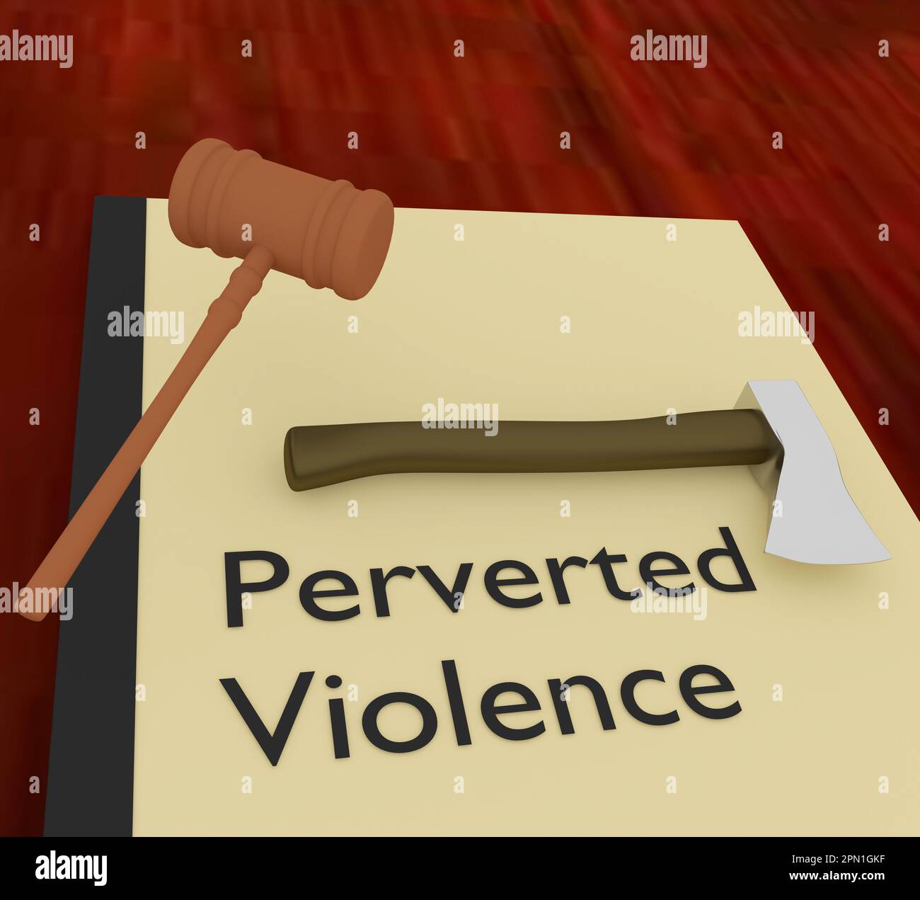 3D illustration of a judge gavel and Perverted Violence title on legal booklet, along with an ax. Stock Photo