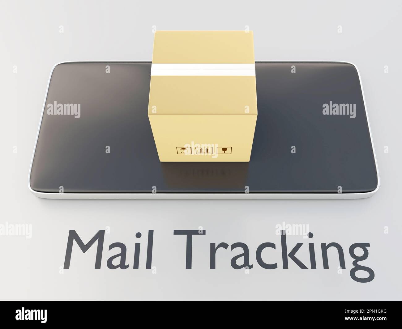 3D illustration of carton box on the screen of a cellulr phone with the text Mail Tracking, isolated over gray. Stock Photo