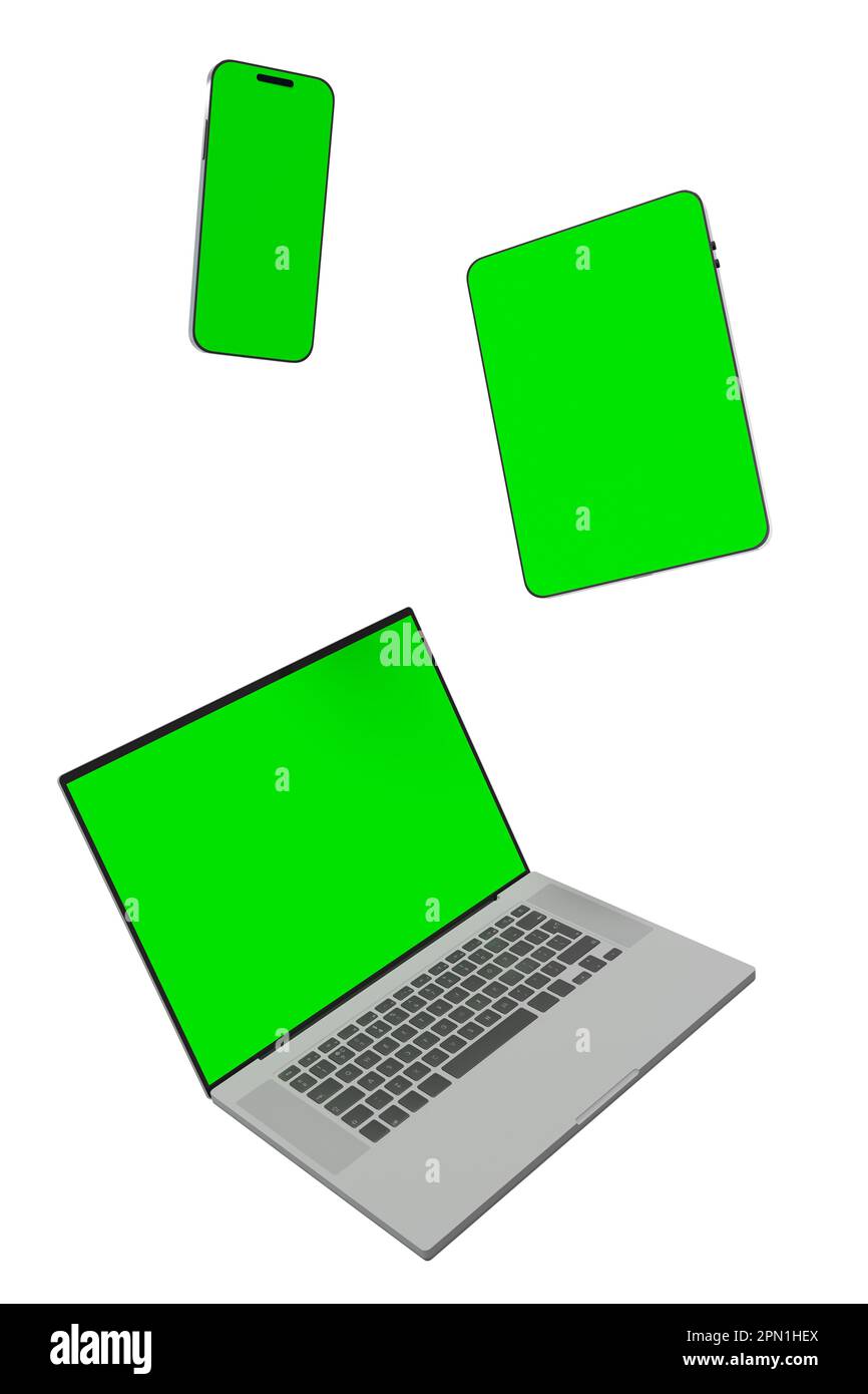 Smartphones and tablets with chroma key green screens floating in