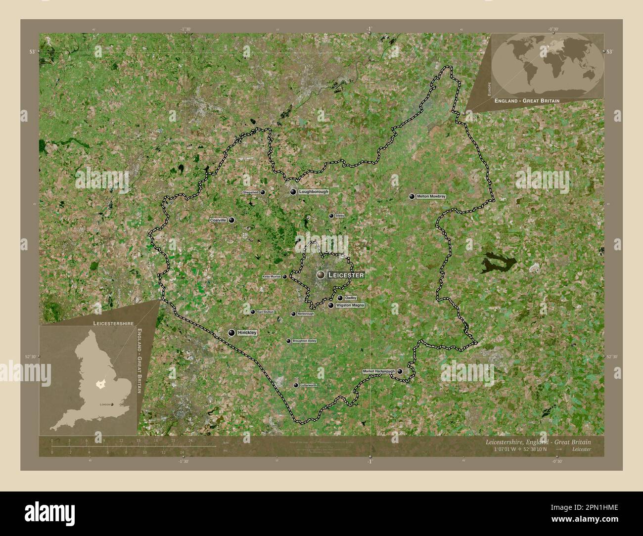 Leicestershire Administrative County Of England Great Britain High   Leicestershire Administrative County Of England Great Britain High Resolution Satellite Map Locations And Names Of Major Cities Of The Region Co 2PN1HME 