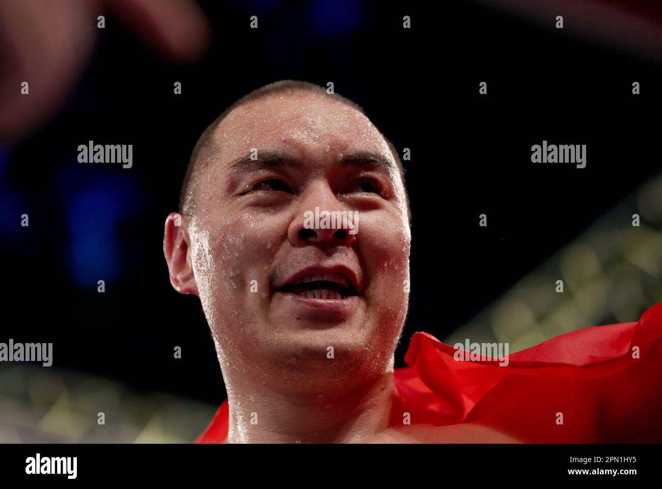 London, Britain. 15th Apr, 2023. Zhang Zhilei of China celebrates after
