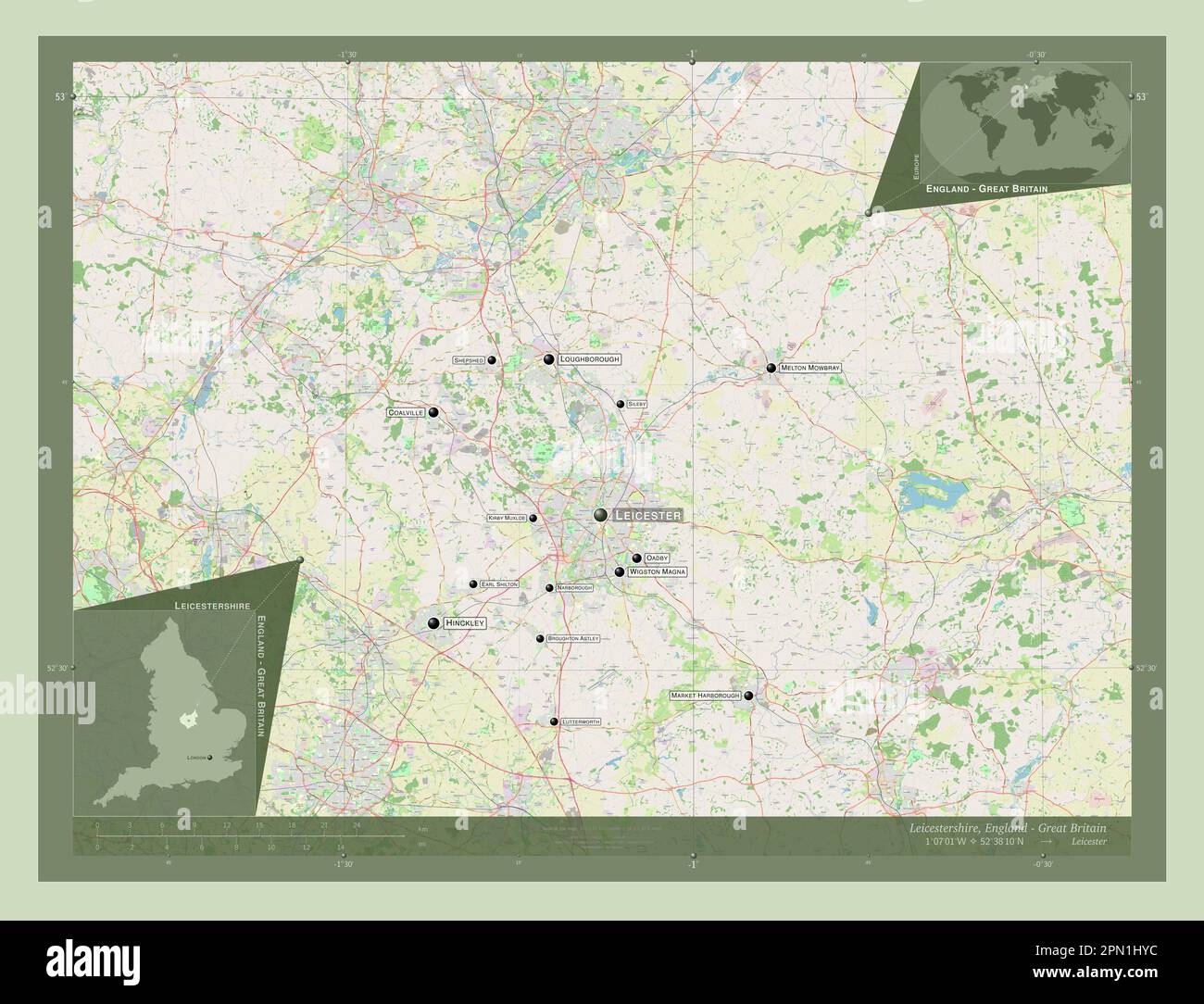 Leicestershire Administrative County Of England Great Britain Open   Leicestershire Administrative County Of England Great Britain Open Street Map Locations And Names Of Major Cities Of The Region Corner Auxiliary 2PN1HYC 