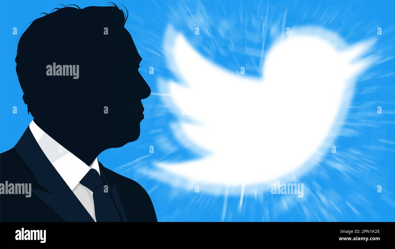 Silhouette of Elon Musk in front of blue banner with Twitter logo in ...
