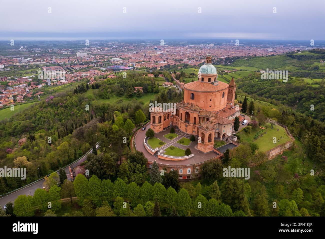 Aerial view of sanctuary of Madonna di San Luca in Bologna Stock Photo
