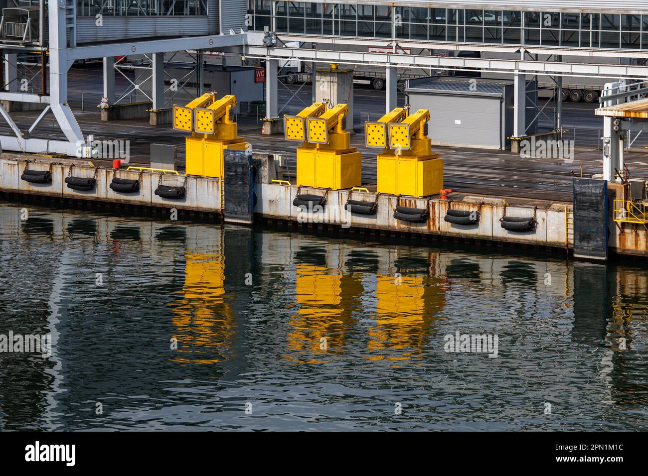 Trelleborg AutoMoor T40 Twin Arm rope-free automated mooring system at Port of Tallinn passenger harbor in Tallinn, Estonia Stock Photo