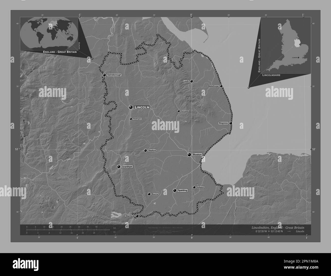 Lincolnshire, administrative county of England - Great Britain. Bilevel elevation map with lakes and rivers. Locations and names of major cities of th Stock Photo