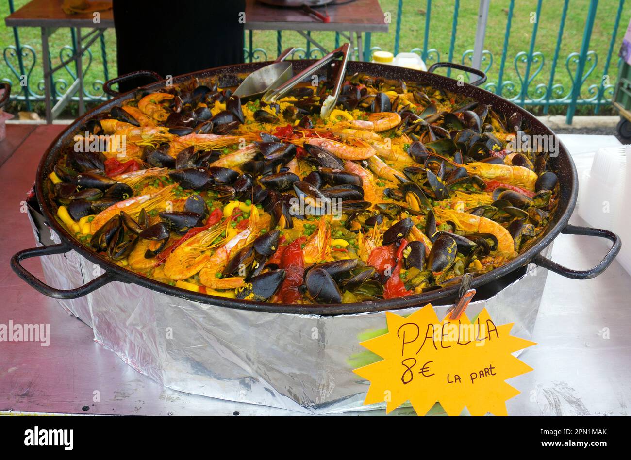 Fresh Paella at a market stall, weekly market in Port Vendres, Pyrénées-Orientales, Languedoc-Roussillon, South France, France, Europe Stock Photo