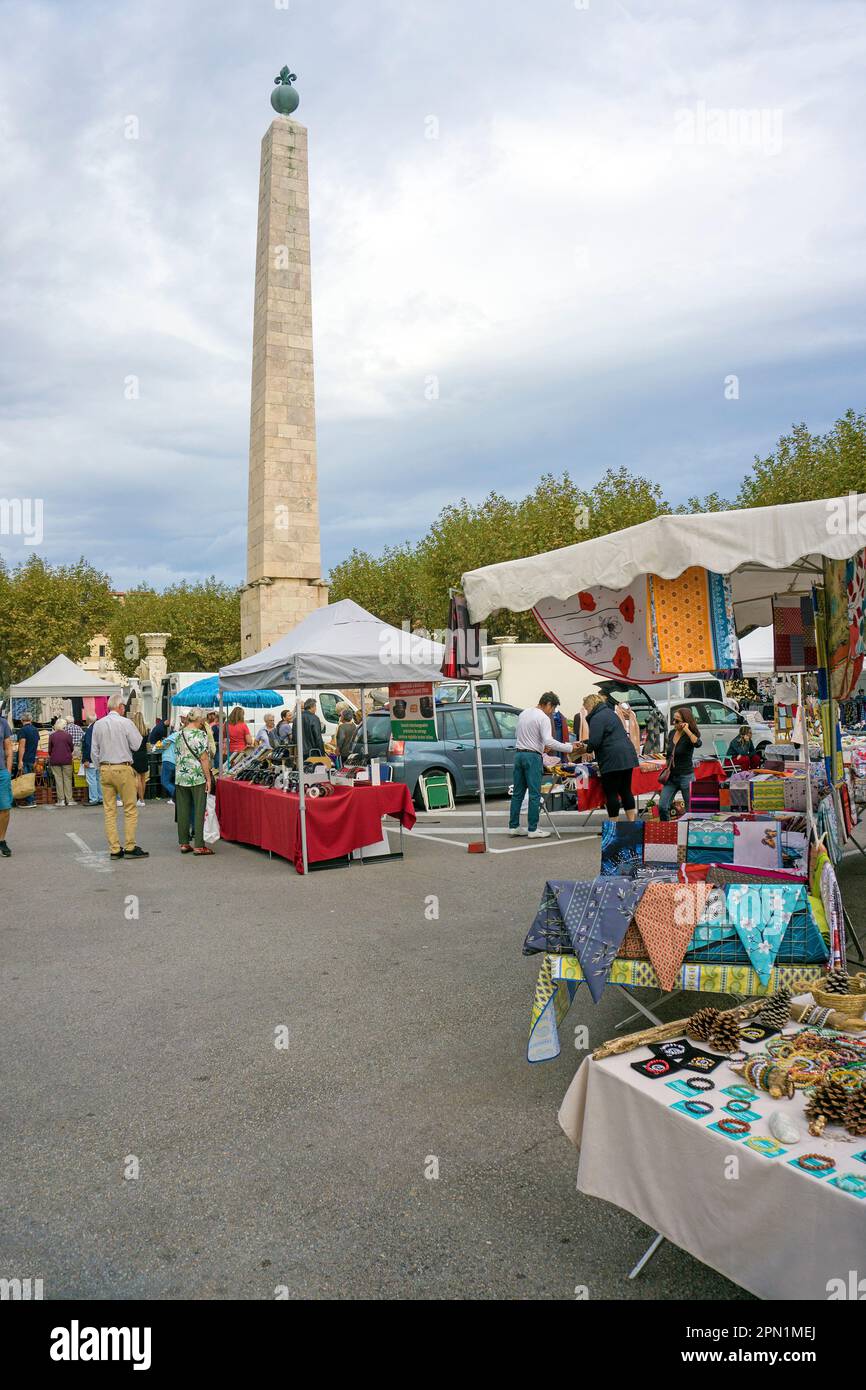 Weekly market at the Obelisk, Port Vendres, Pyrénées-Orientales, Languedoc-Roussillon, South France, France, Europe Stock Photo