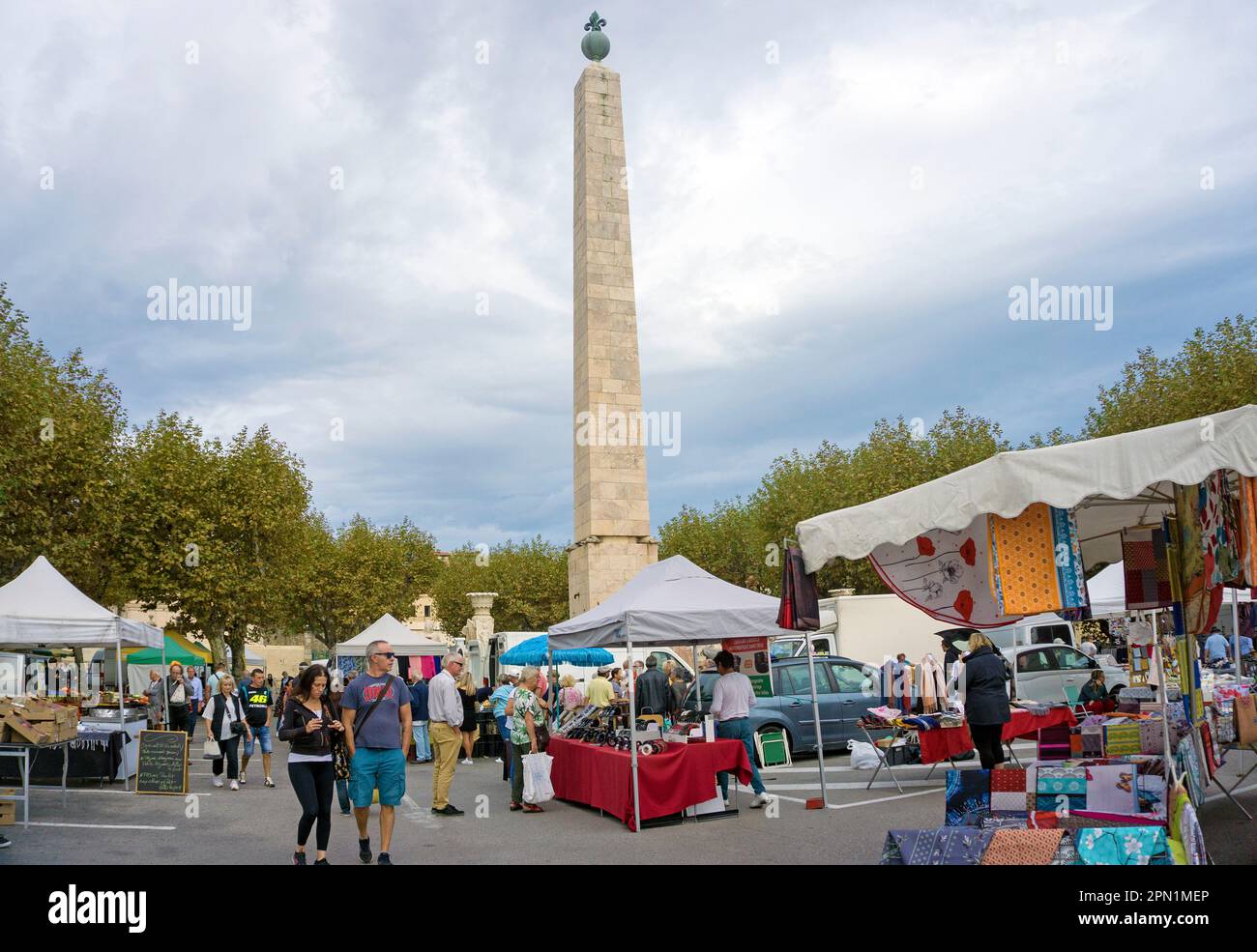 Weekly market at the Obelisk, Port Vendres, Pyrénées-Orientales, Languedoc-Roussillon, South France, France, Europe Stock Photo
