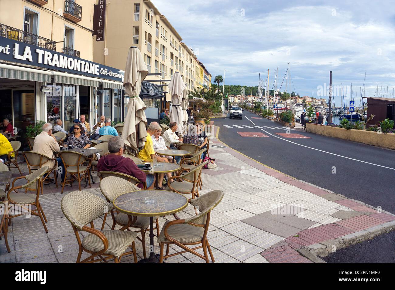 Restaurant at the harbour of Port Vendres, Pyrénées-Orientales, Languedoc-Roussillon, South France, France, Europe Stock Photo