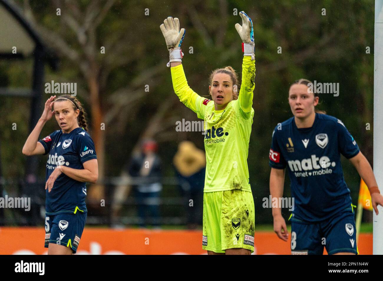 Cranbourne East, Australia. 15 April 2023. Melbourne Victory goalkeeper Casey Dumont prepares for a Melbourne City corner. Credit: James Forrester/Alamy Live News Stock Photo