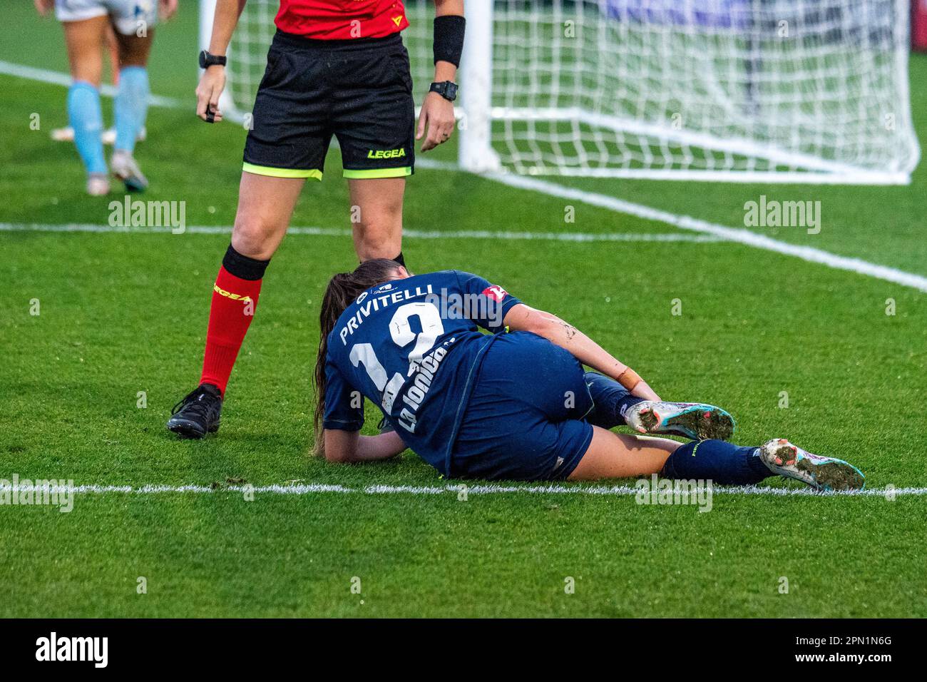 Cranbourne East, Australia. 15 April 2023. Melbourne Victory's Lia Privitelli clutches her ankle after a tackle just outside the box from a Melbourne City defender. Credit: James Forrester/Alamy Live News Stock Photo