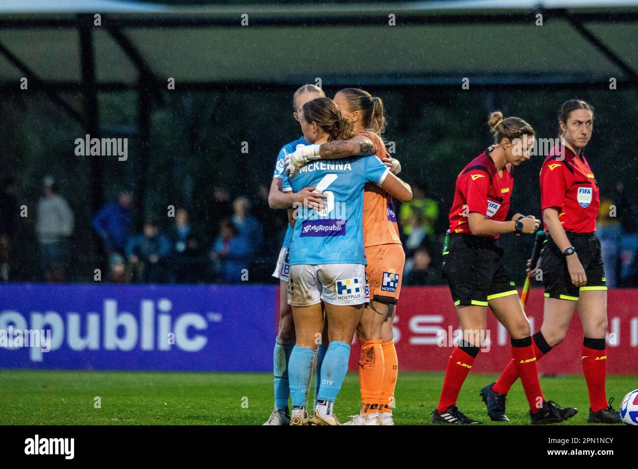 Cranbourne East, Australia. 15 April 2023. Melbourne City players console goalkeeper Melissa Barbieri after narrowly losing the elimination final during a penalty shootout. Credit: James Forrester/Alamy Live News Stock Photo