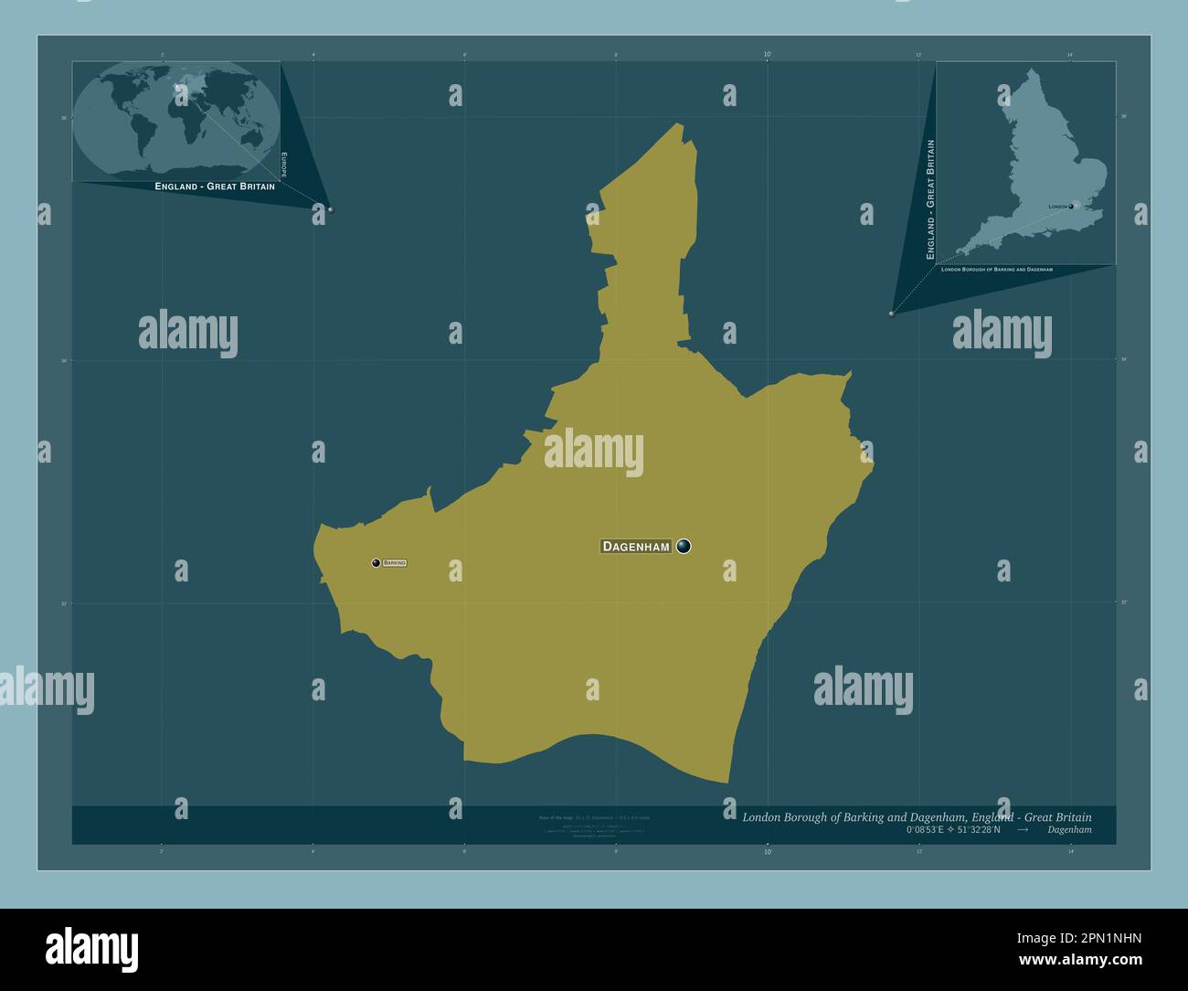 London Borough of Barking and Dagenham, london borough of England - Great Britain. Solid color shape. Locations and names of major cities of the regio Stock Photo