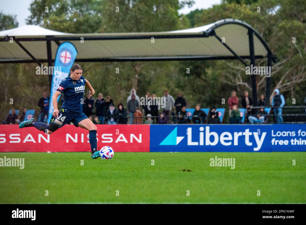 Cranbourne East, Australia. 15 April 2023. Melbourne Victory's Melina Ayres (#14) takes a penalty kick to bring Melbourne Victory level during the elimination final. Credit: James Forrester/Alamy Live News Stock Photo