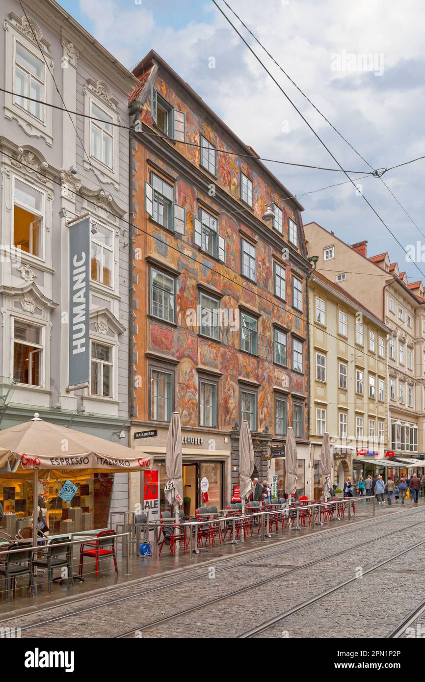 Graz, Austria - May 28 2019: The Painted House (Gemaltes Haus) in Herrengasse 3. It is completely covered with frescos (painted in 1742 by Johann Maye Stock Photo