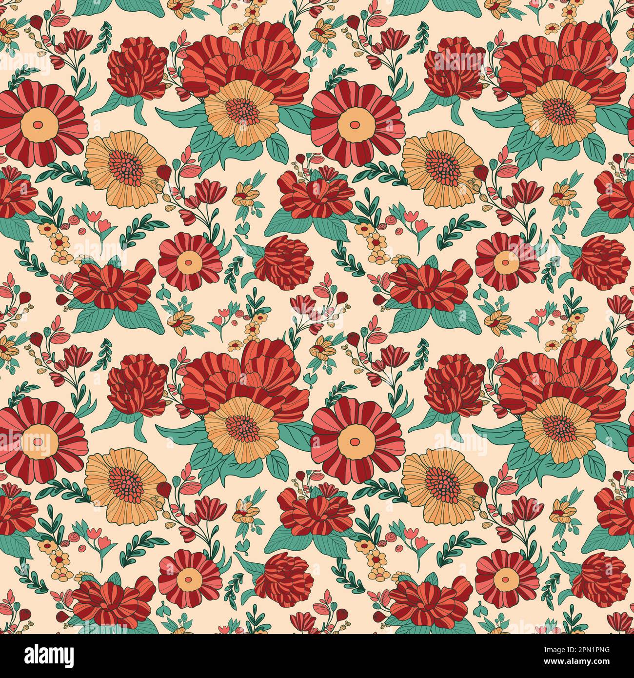 Summer Red and Yellow Floral Seamless Pattern Stock Vector