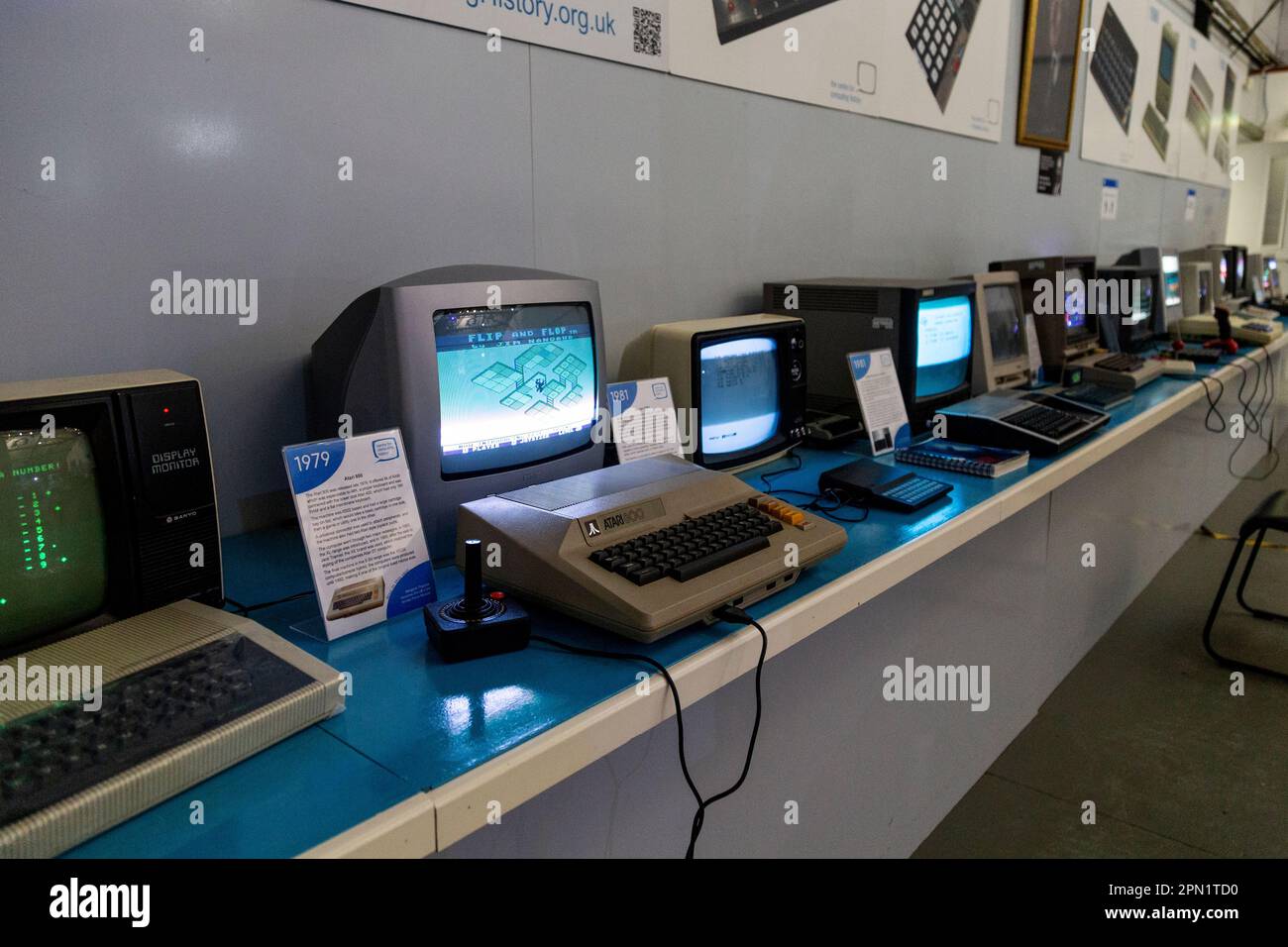 Display of 70s and 80s retro computers at the Centre for Computing History, Cambridge, UK Stock Photo