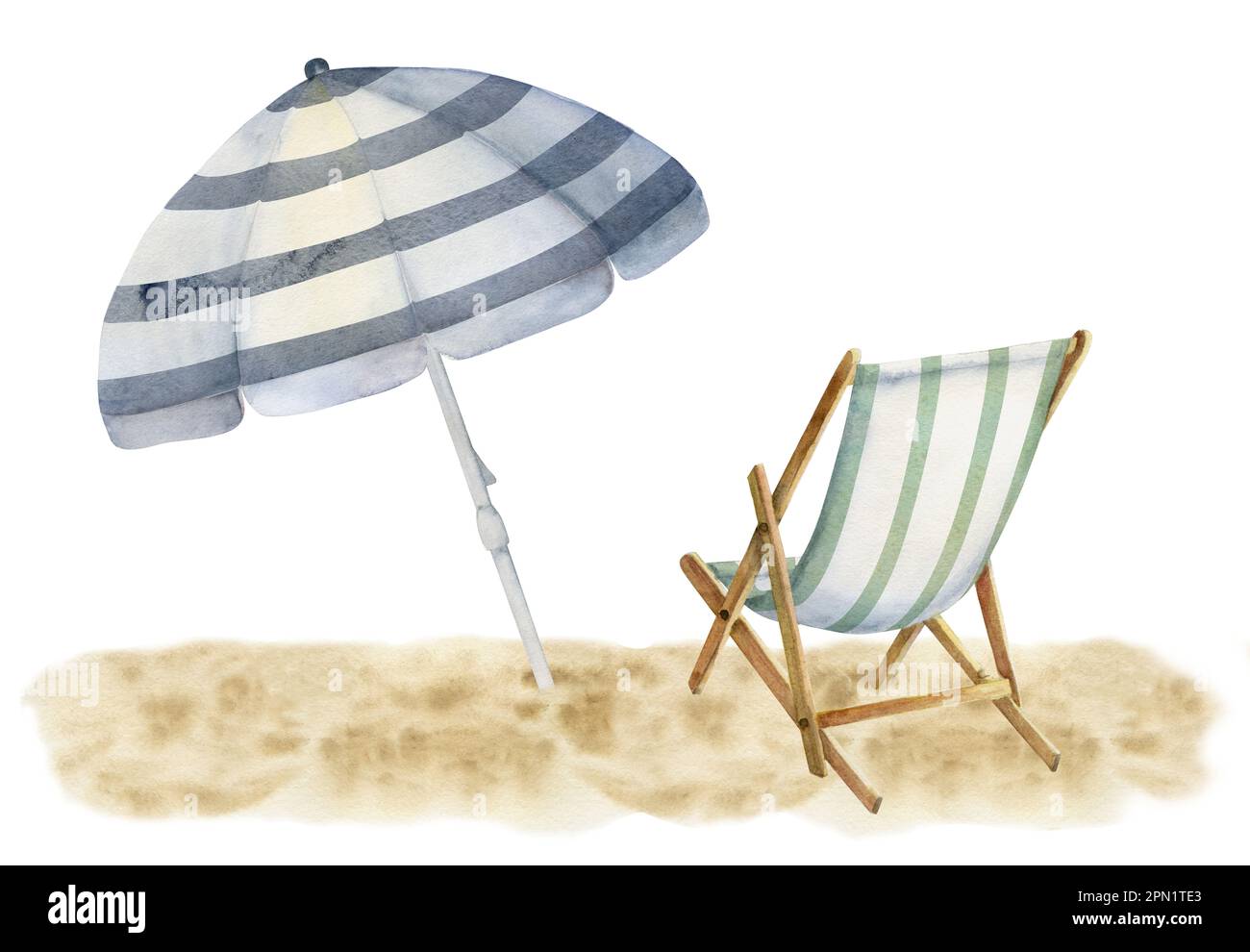 Hand drawn watercolor composition. Striped beach accessories, umbrellas ...