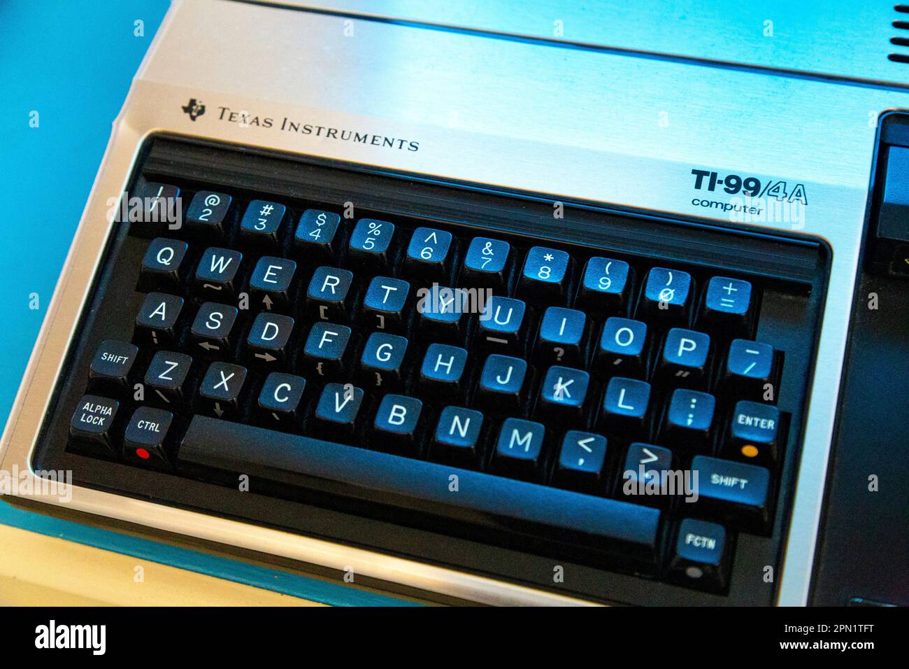 Keyboard of Texas Instruments TI-99/4A at the Centre for Computing History, Cambridge, UK Stock Photo