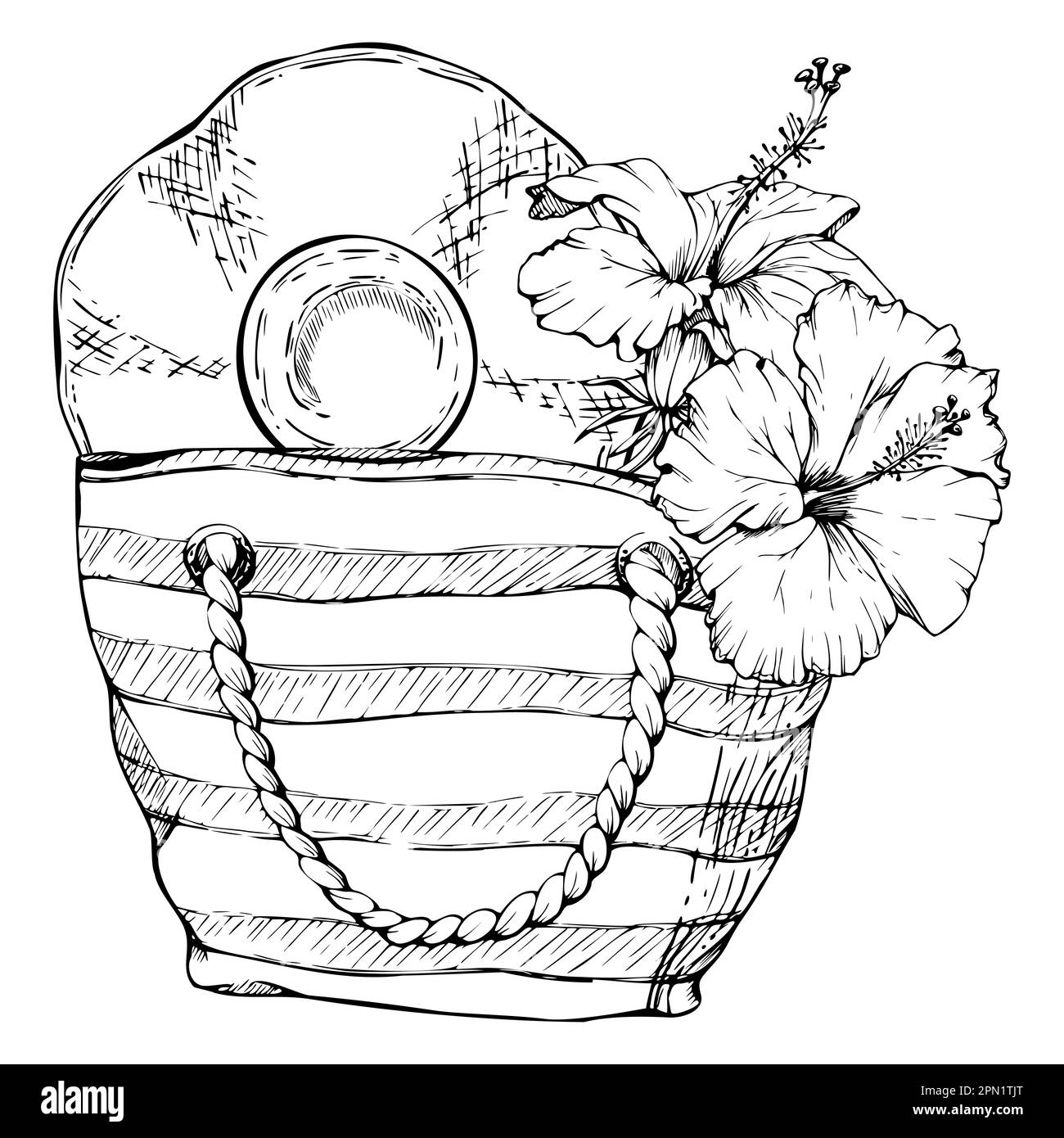 Hand drawn vector ink composition. Striped beach bag, straw sun hat ...